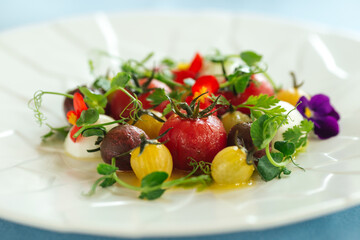 Tomato salad with herbs on the blue served table