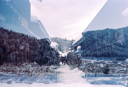 Town covered in snow and ice in winter