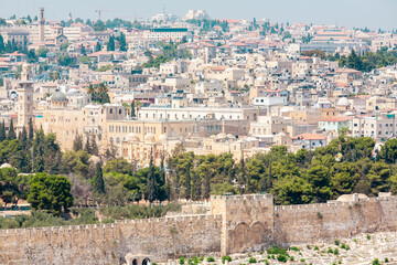 View of Jerusalem old city and old wall from the Mount of Olives, Israel
