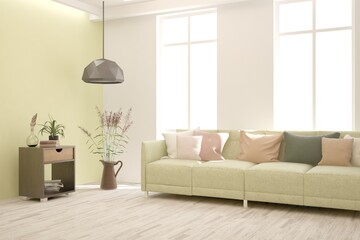 White living room with sofa. Scandinavian interior design. 3D illustration