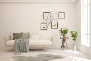 White living room with sofa. Scandinavian interior design. 3D illustration