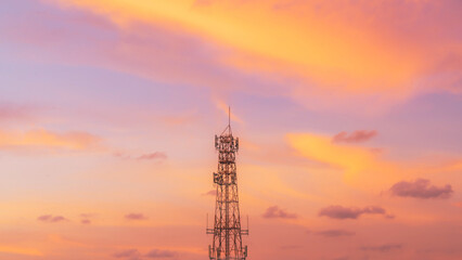 Telecommunication mast TV antennas in the afternoon ,on the hill sunset sky with cloud bright at Phuket Thailand.