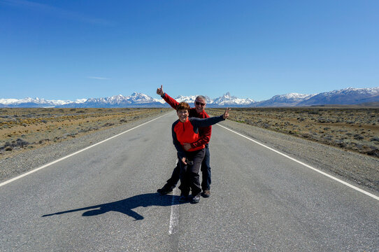 Tourists on the road to Torres del Paine National Park, Argentina