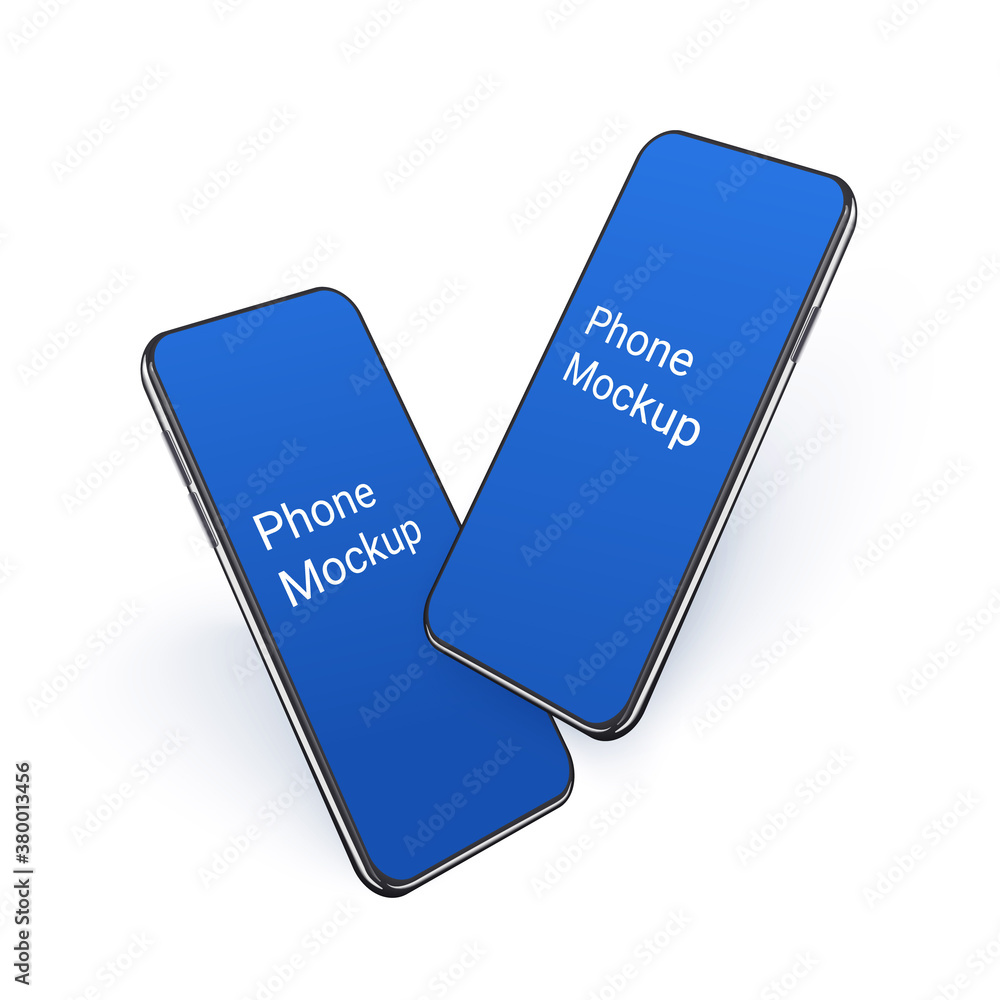 Poster 3d realistic smartphone mockup flying, 2 black mobile device rotated with angle view, blank blue scr