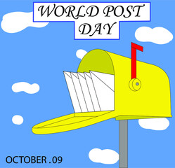 Día mundial del correo, ilustración vectorial de un buzón con letras, fondo de cielo