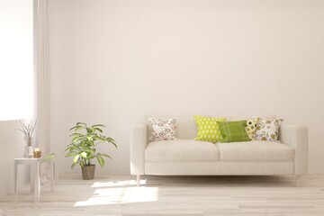 White living room with sofa. Scandinavian interior design. 3D illustration