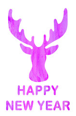 Purple watercolor deer silhouette Christmas card. Hand painting winter animal illustration isolated on white background. Art for holidays designs.