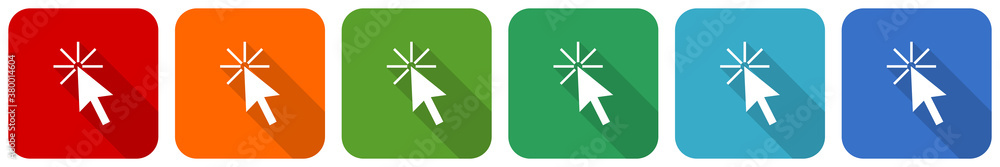 Poster Click here icon set, flat design vector illustration in 6 colors options for webdesign and mobile applications