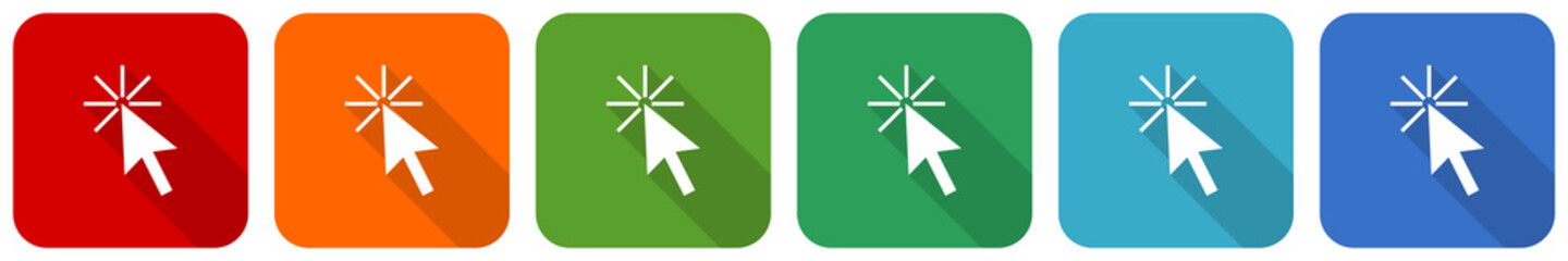 Click here icon set, flat design vector illustration in 6 colors options for webdesign and mobile applications