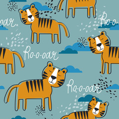 Tigers, hand drawn backdrop. Colorful seamless pattern with animals, sky. Decorative cute wallpaper, good for printing. Overlapping background vector. Design illustration