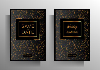 Wedding invitation template set. Austere, elegant design with a gold crumb on a black background.  vector 10 EPS.