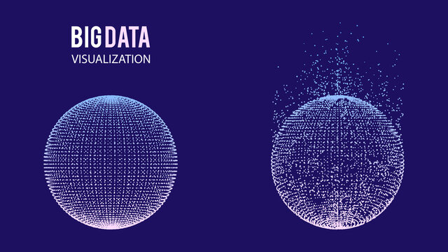 Collection of spheres of glowing particles and with explosion effect. Big data visualization. Modern sci-fi elements consisting of points. Technology vector illustration.