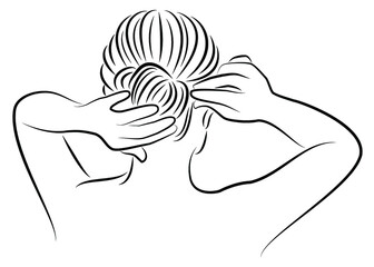 Silhouette profile of the head of a lovely lady. The girl braids her long hair in braids with her hands. Vector illustration.