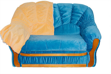 Fototapeta premium bright double sofa after renovation, isolated on a white background. Repair of upholstered furniture