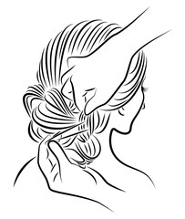 Silhouette profile of the head of a lovely lady. The girl braids her long hair in braids with her hands. Vector illustration.