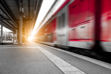 Abstract background travel of public transportation with blur speed motion movement of train on railway tunnel subway.