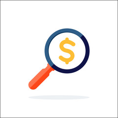 Looking for money. Magnifying glass in money icon design template. Icon for business finance, audit services. Currency and dollar sign, loupe or magnifier. Finance, investment and loan vector icon