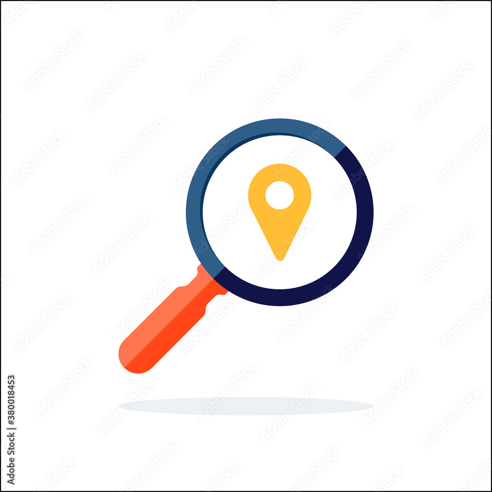 Poster find location logo design template. search internet web with magnifying glass locator vector logo ic