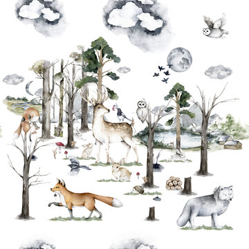 Watercolor Woodland animals seamless pattern. Fabric wallpaper background with Owl, hedgehog, fox and butterfly, bird baby animal, Scandinavian Nursery © Anna Terleeva