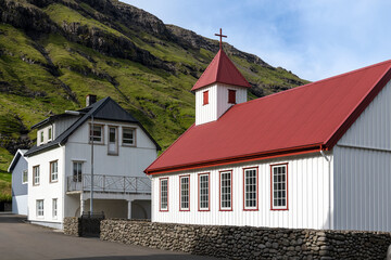 Fototapeta na wymiar Church at Tjornuvik village in Faroe Islands