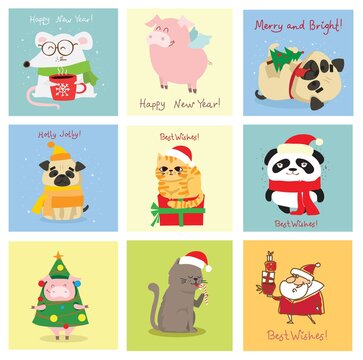 Vector illustration of christmas cats, pigs, rats and dogs with Christmas and new year greetings.