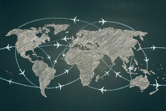 World map with flying planes on it