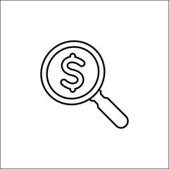 Looking for money. Magnifying glass in money icon design template. Icon for business finance, audit services. Currency and dollar sign, loupe or magnifier. Finance, investment and loan vector icon.