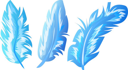 vector set of blue feathers. 3D cfrtoon feathers