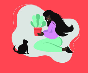 Vector flet girl and cat © ElmiraArt