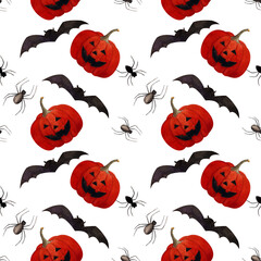 Hallowen seamless pattern with flying bats, pumpkin and spiders on white background. Watercolor illustration