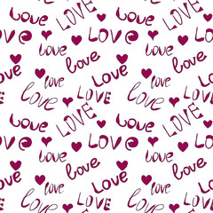 seamless pattern word love. red, pink lettering words. for printing on fabric, wrapping paper. card design for February 14, Valentine's Day. romantic, confession of feelings. trend, top. vector eps 10