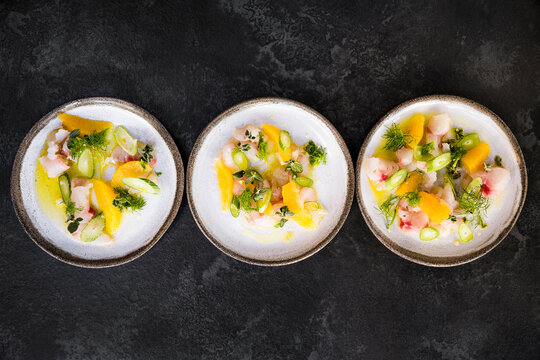 row of plates with raw fish, celery, orange and herbs