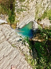 Top view of the waterfall among the rocks