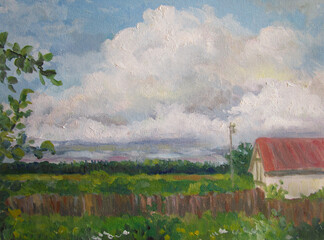 Big cloud in the russian country, oil painting