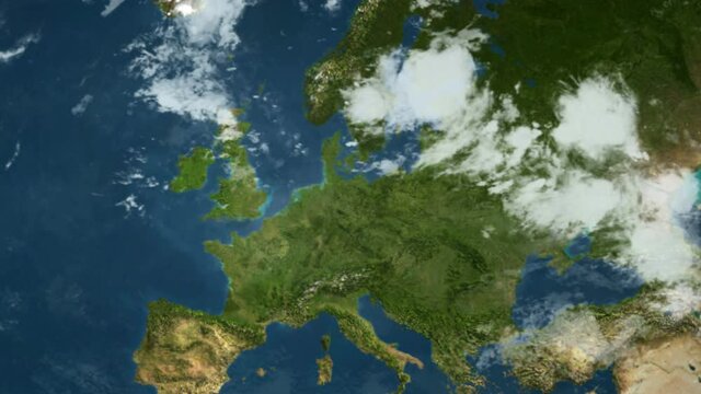 Zoom out of Europe continent through clouds to see the Earth from space.