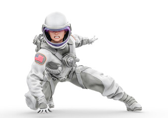 american astronaut is crouched in action on a space outfit portrait