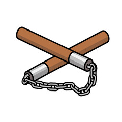 Wooden nunchucks in brown.  Eastern inertial edged weapon of shock and choking action.  Isolated on white background there is a place for printing