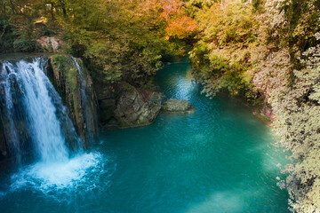 waterfall produced by the river elsa in the fluvial park of colle di val d'elsa tuscany italy