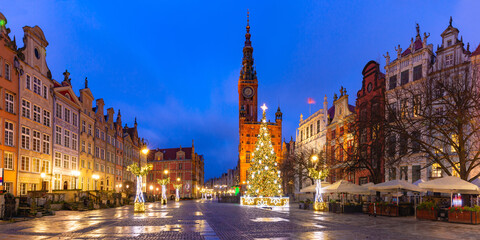 Panorama of Christmas tree and illumination on Long Market Street and Town Hall at night in Old Town of Gdansk, Poland