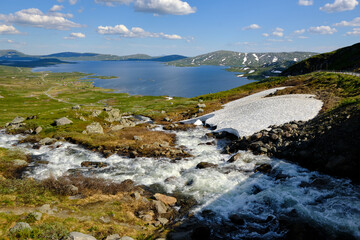 Fast flowing mountain stream and snow on a Norwegian highland during the summer