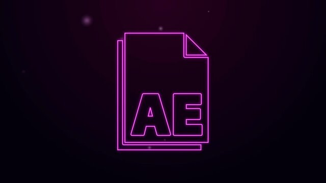 Glowing neon line AE file document icon isolated on purple background. 4K Video motion graphic animation.