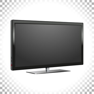 Vector realistic 3d Led TV, on off button. LCD wide screen on transparent background. Black monitor immage. Angle view. Element for designs.