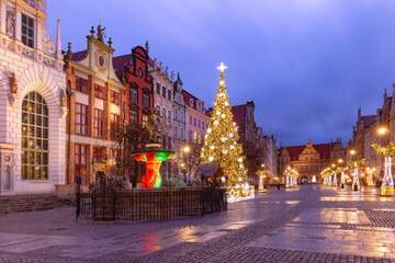 Long Lane with Fountain of Neptune and Christmas tree in Gdansk Old Town, Poland