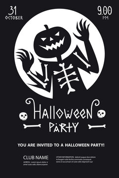 Halloween party poster invitation with silhouette of ghost Jack in minimalist black and white style. Good for typography print. Two colors vector illustration art poster, invite, greeting card flyer