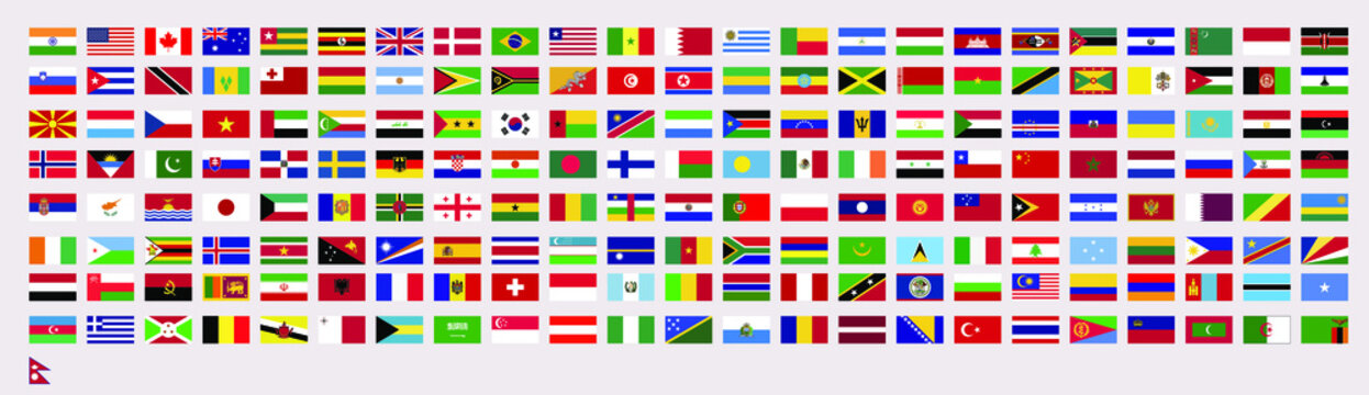 All official national flags of the world, vector design, country flag all stock vector design.