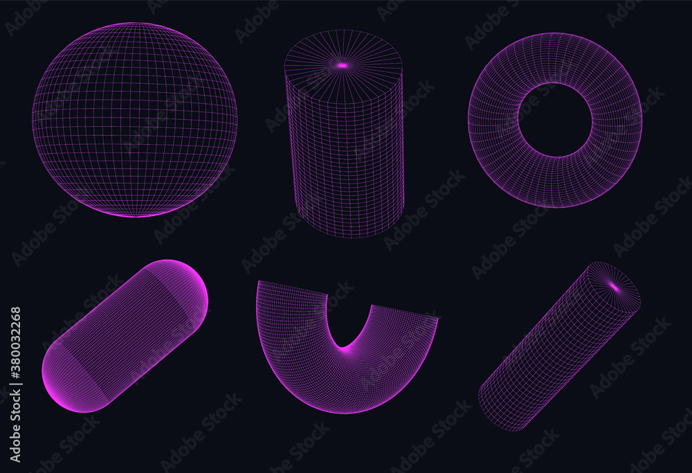 Poster Set of 3d solids made of grid: torus, cylinder, sphere. Collection of vector elements in futuristic sci-fi style.