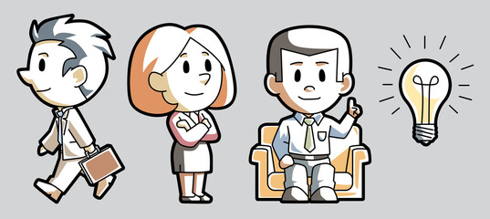 Set of cartoon business people and office workers with lightbulb