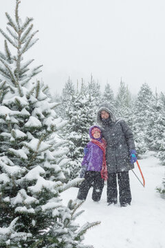 Mother Daughter Portrait at the Christmas Tree Farm in Heavy Fal