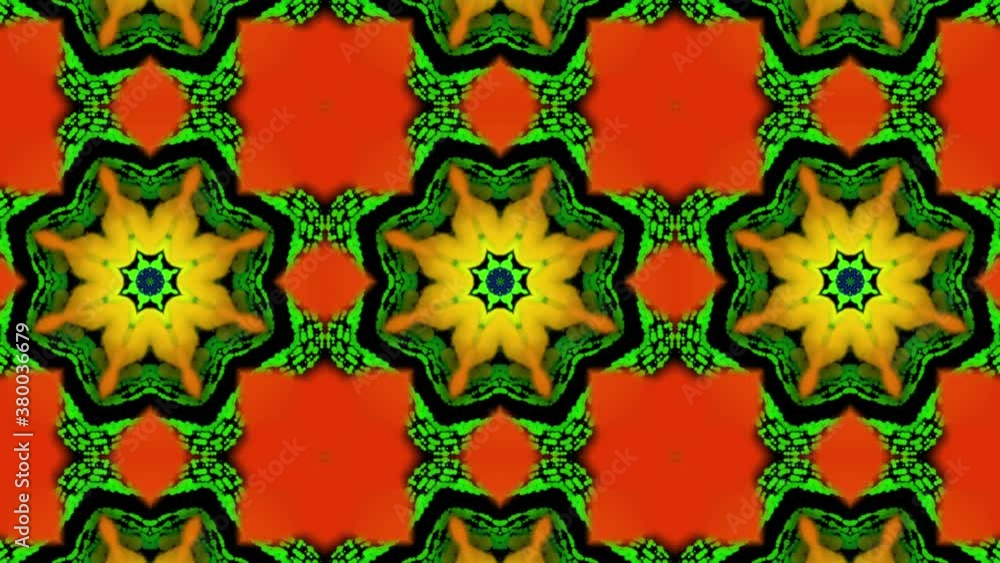 Poster multicolored moving kaleidoscope patterns. abstract looped animated background. 3d render