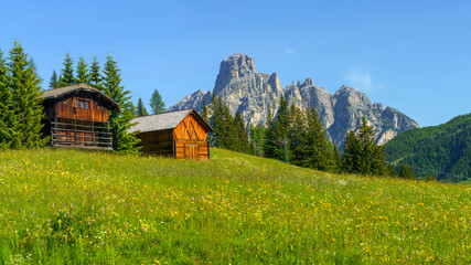 Mountain landscape along the road to Campolongo pass, Dolomites